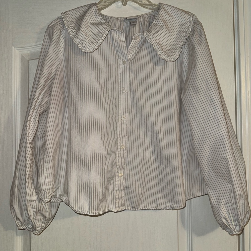 Target a new day Striped White and Gray Button-Front Blouse with Rounded Collar
